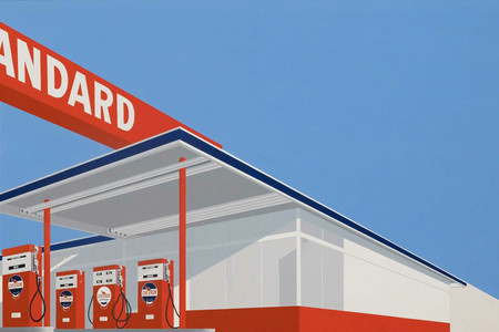 Ed Ruscha. Standard Station, Ten-Cent Western Being Torn in Half. 1964. Oil on canvas, 65 × 121 1/2&#34; (165.1 × 308.6 cm). Private collection, Fort Worth. © Edward Ruscha. Photo © Evie Marie Bishop, courtesy of the Modern Art Museum of Fort Worth