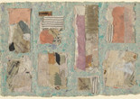 Anne Ryan. Number 495. 1951. Cut-and-pasted colored and printed paper and cloth on colored paper. The Museum of Modern Art, New York. Gift of Elizabeth McFadden Image description: A horizontally oriented mixed-media collage with layered torn-and-cut papers and cloth pasted to a speckled blue and pink handmade paper background