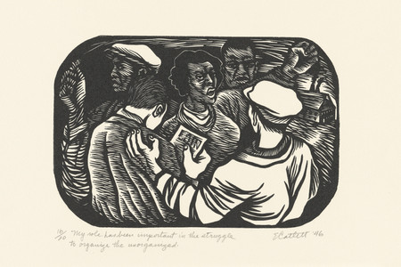 Elizabeth Catlett. My Role Has Been Important in the Struggle to Organize the Unorganized from the series The Black Woman. 1946, printed 1989. Linoleum cut from a series of 14 linoleum cuts, image: 6 × 9&#34; (15.2 × 22.9 cm); sheet: 11 × 15&#34; (27.9 × 38.1 cm). Acquired through the generosity of Erin and Peter Hess Friedland, and Modern Women’s Fund. © 2023 Elizabeth Catlett/Artists Rights Society (ARS), New York