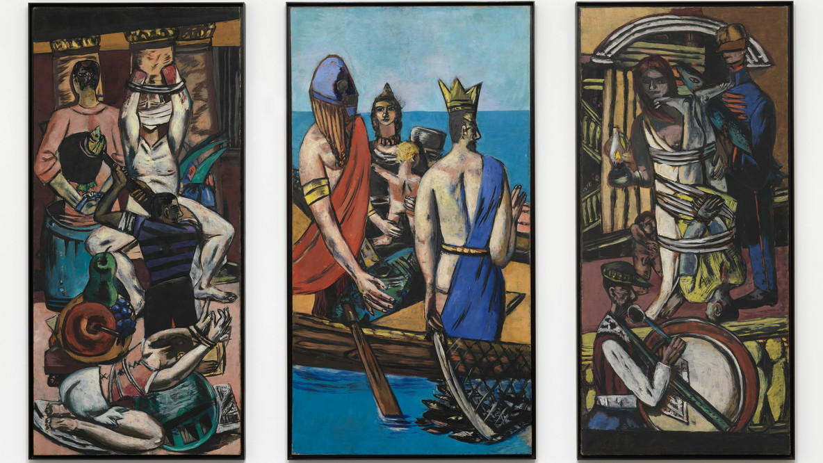 Max Beckmann. Departure. Frankfurt 1932, Berlin 1933-35. Oil on canvas, three panels, Side panels 7&#39; 3/4&#34; x 39 1/4&#34; (215.3 x 99.7 cm), center panel 7&#39; 3/4&#34; x 45 3/8&#34; (215.3 x 115.2 cm). Given anonymously (by exchange). © 2023 Artists Rights Society (ARS), New York / VG Bild-Kunst, Bonn