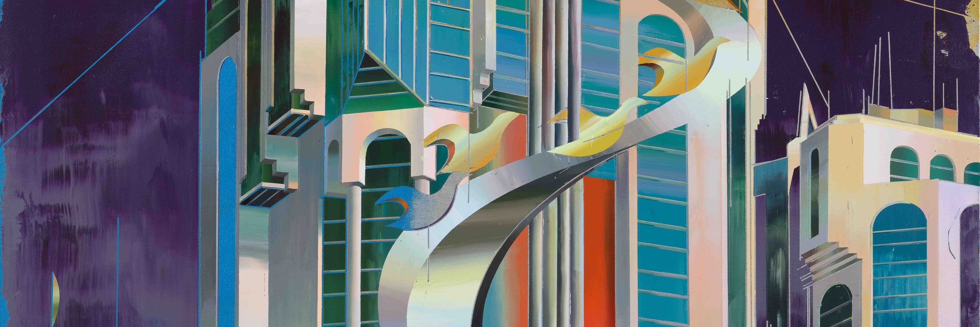 Cui Jie. Salam Tower, Doha. 2020. Acrylic on canvas, 78 3/4 × 63" (200 × 160 cm). The Museum of Modern Art, New York. Fund for the Twenty-First Century, 2021. © 2023 Cui Jie. Photo: Jonathan Muzikar