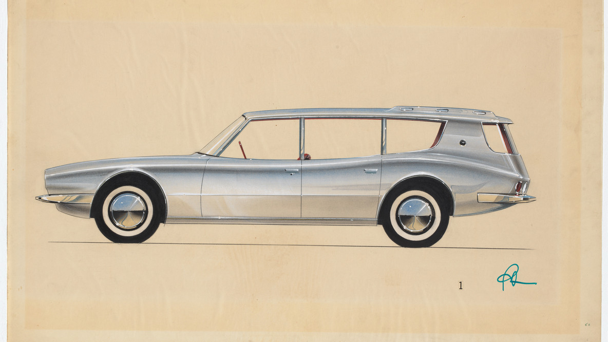 Raymond Loewy. Design for Studebaker &#34;Wagonaire&#34; Station Wagon. 1963. Gouache, colored pencil, graphite on paper, 14 × 27 1/4&#34; (35.6 × 69.2 cm). Gift of Jo Carole and Ronald S. Lauder
