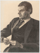 Robert De Boeck. Untitled (Portrait of Marcel Broodthaers). 1976. Pencil and colored pencil on paper, 26 × 19 7/8&#34; (66 × 50.5 cm). Partial gift of the Daled Collection and partial purchase through the generosity of Maja Oeri and Hans Bodenmann, Sue and Edgar Wachenheim III, Agnes Gund, Marlene Hess and James D. Zirin, Marie-Josée and Henry R. Kravis, and Jerry I. Speyer and Katherine G. Farley