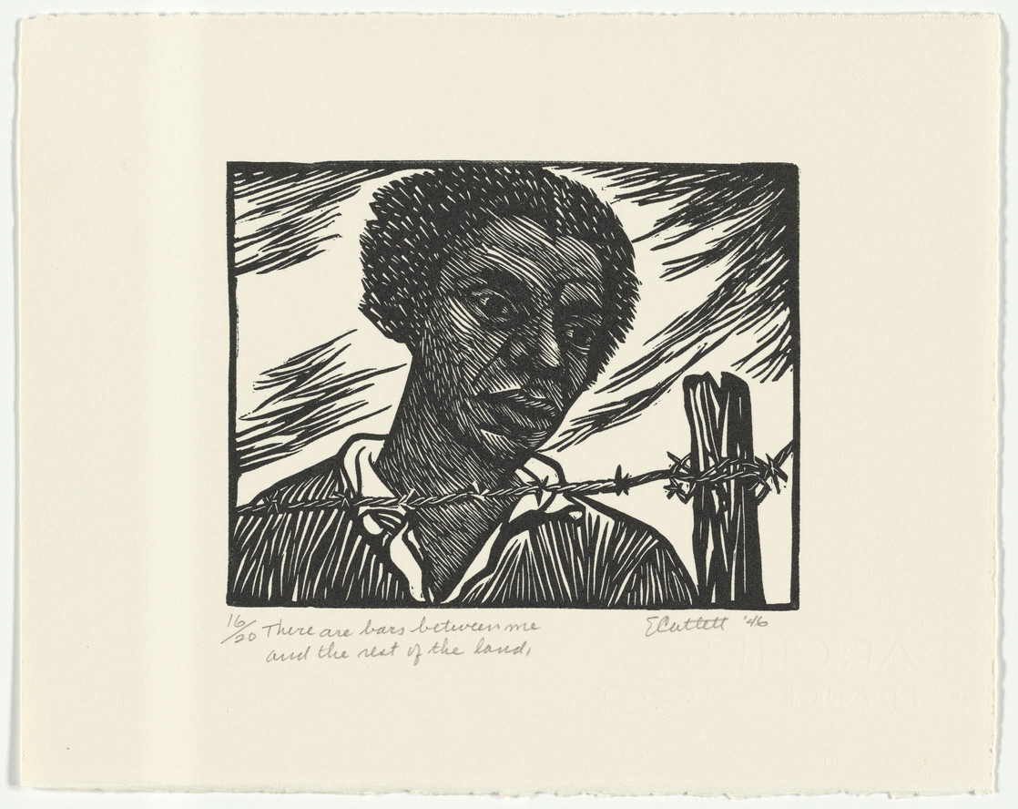 Elizabeth Catlett. There Are Bars between Me and the Rest of the Land from the series The Black Woman. 1946, printed 1989