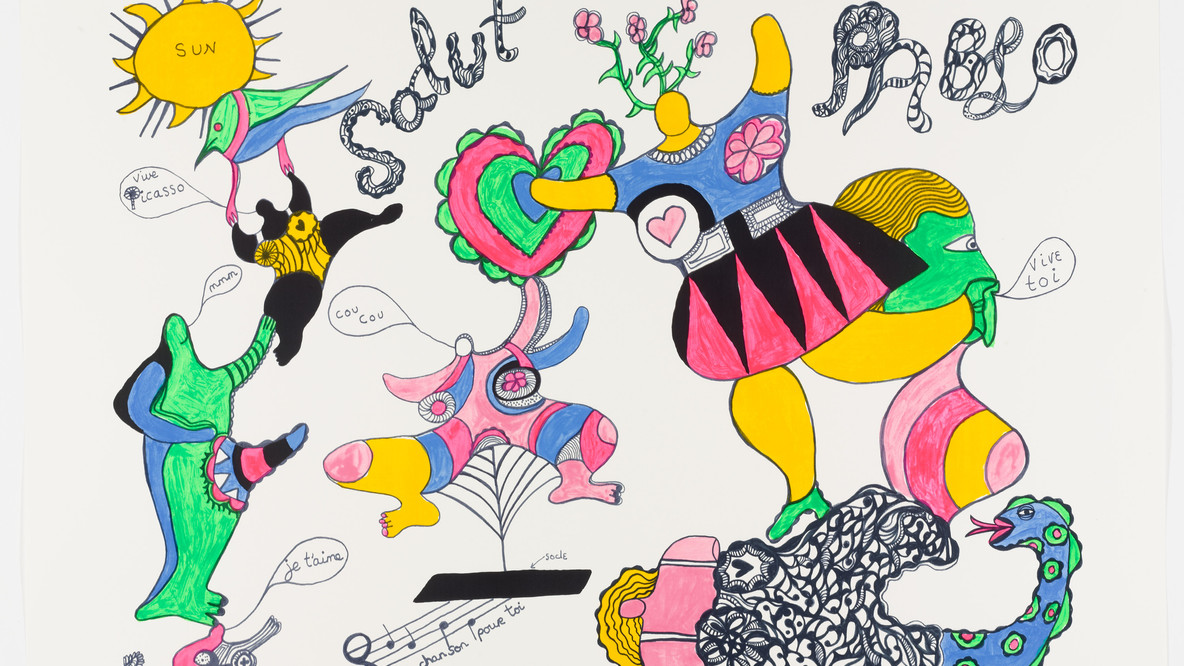 Niki de Saint Phalle. Salut Picasso from Homage to Picasso (Hommage à Picasso). 1973. Screenprint from a portfolio of thirty-one lithographs (one with aquatint, one with collotype, one with screenprint), twenty-two screenprints (one with embossing, one with flocking, one with stencil), eleven etchings (five with aquatint, one with aquatint and drypoint, one with aquatint, drypoint, and engraving), three aquatints (one with etching), and two woodcuts. composition (irreg.): 19 5/8 x 25 7/16&#34; (49.8 x 64.6cm); sheet: 21 5/8 x 29 7/8&#34; (55 x 75.9cm). Gift of Dorothy Miller (by exchange). © 2023 Artists Rights Society (ARS), New York / ADAGP, Paris