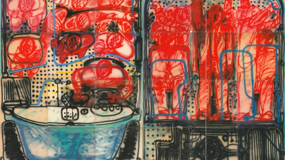 Clorindo Testa. Detail of Habitar, Circular, Trabajar, Recrearse. Enamel on fiberboard, each panel: 27 9/16 × 27 9/16&#34; (70 × 70 cm); overall, approx. 110 1/4 × 992 1/8&#34; (280 × 2520 cm). The Museum of Modern Art, New York. Gift of Andres and Beatriz von Buch, Claudia Quentin, Andrea Woodner, the Latin American and Caribbean Fund, and the Committee on Architecture and Design Funds