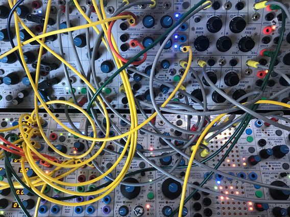 Closeup view of Suzanne Ciani’s Buchla 200e Series electronic music instrument