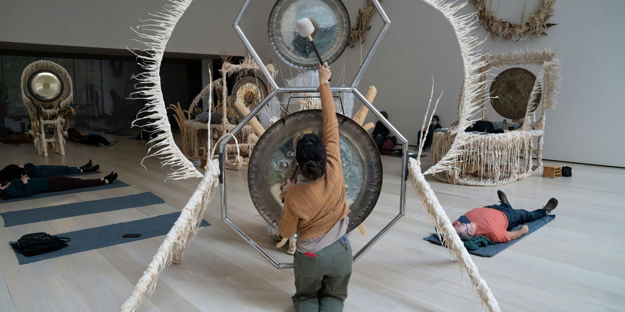 Healing sound baths held in conjunction with Guadalupe Maravilla: Luz y fuerza, The Museum of Modern Art, New York, October 30, 2021–October 30, 2022. Healers: Guadalupe Maravilla, Hilary Ramos, and Sam Xu. Digital image © 2023 The Museum of Modern Art, New York. Photo: Julieta Cervantes