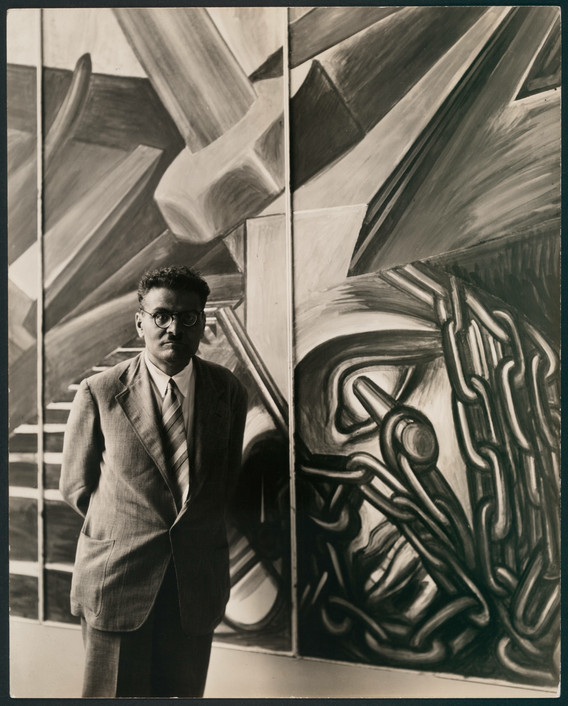 A photo of the artist in front of Dive Bomber and Tank, from “Orozco ‘Explains,’” published in 1940