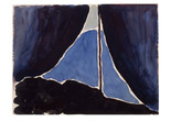 Georgia O’Keeffe. Tent Door at Night. 1916. Watercolor on paper. University of New Mexico Art Museum, Albuquerque. Purchase with funds from the Julius L Rolshoven Memorial Fund and the Friends of Art. ©️ 2023 Georgia O’Keeffe Museum/Artists Rights Society (ARS), New York Image description: A watercolor painting of an abstracted view from inside of a camping tent looking out into the night. The base and two swooping sides of the tent are painted with inky blue loose brushstrokes, and a dark brown pole cuts through the center of the dusky blue sky outside.