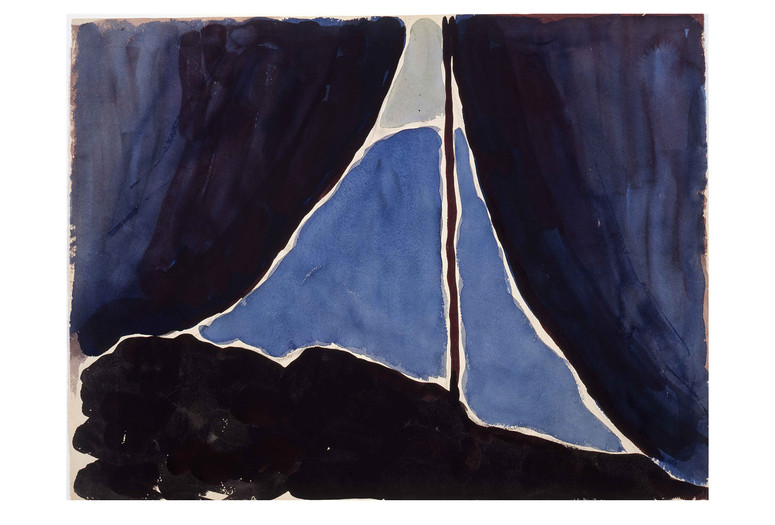 Georgia O’Keeffe. Tent Door at Night. 1916. Watercolor on paper. University of New Mexico Art Museum, Albuquerque. Purchase with funds from the Julius L Rolshoven Memorial Fund and the Friends of Art. ©️ 2023 Georgia O’Keeffe Museum/Artists Rights Society (ARS), New York Image description: A watercolor painting of an abstracted view from inside of a camping tent looking out into the night. The base and two swooping sides of the tent are painted with inky blue loose brushstrokes, and a dark brown pole cuts through the center of the dusky blue sky outside.