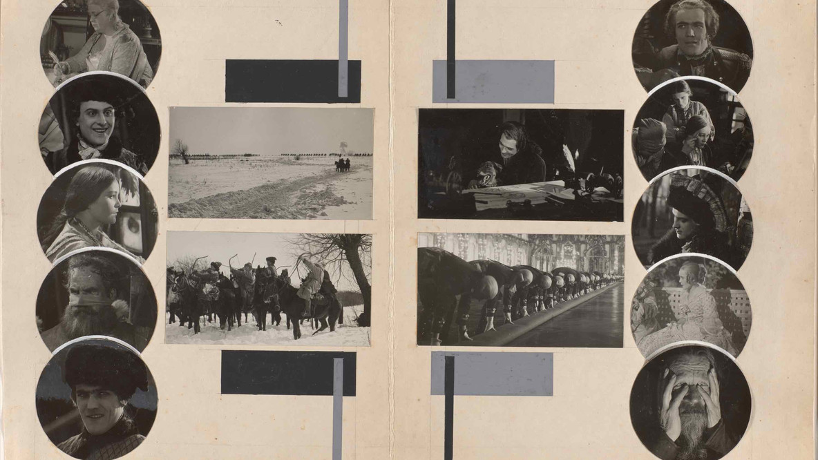 Varvara Stepanova. Maquette for spread featuring the 1928 film Kapitanskaya dochka (The Captain’s Daughter) in Sovetsky ekran (Soviet Screen), no. 32. 1928. Cut-and-pasted gelatin silver prints on paper with gouache and pencil, 12 3/16 × 17 15/16&#34; (31 × 45.5 cm). The Museum of Modern Art, New York. Gift of Krystyna Gmurzynska
