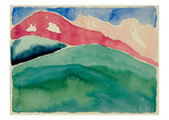 Georgia O’Keeffe. Pink and Green Mountains No. I. 1917. Watercolor on paper. Spencer Museum of Art, The University of Kansas, Lawrence. Museum purchase, Letha Churchill Walker Art Fund. ©️ 2023 Georgia O’Keeffe Museum/Artists Rights Society (ARS), New York Image Description: A watercolor landscape painting of rolling mountains against a blue sky. Loose watery brushstrokes shape each mountain painted on cream colored paper. A grassy green ridge fills half of the page in the foreground, with deep blue, red, and pale pink peaks building on top of each other as they go further back into the distance.