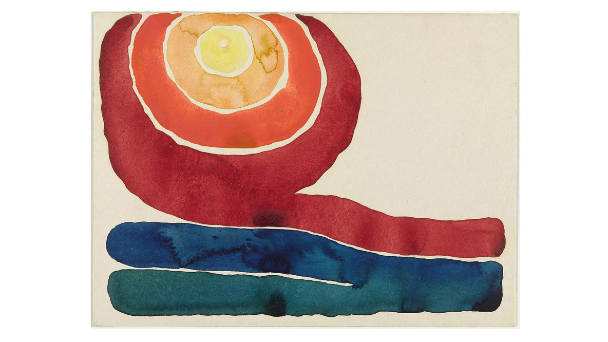 Georgia O’Keeffe. Evening Star No. III. 1917. Watercolor on paper mounted on board, 8 7/8 × 11 7/8&#34; (22.7 × 30.4 cm). Mr. and Mrs. Donald B. Straus Fund. © 2023 Georgia O’Keeffe Museum/Artists Rights Society (ARS), New York