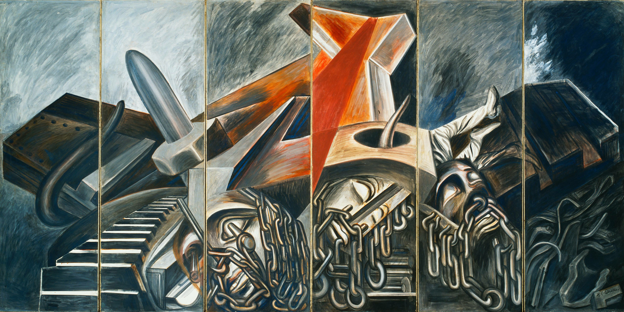 José Clemente Orozco. Dive Bomber and Tank. 1940. Fresco, six panels, each 9' × 36" (275 × 91.4 cm), overall 9 × 18' (275 × 550 cm). The Museum of Modern Art, New York. Commissioned through the Abby Aldrich Rockefeller Fund. © 2023 José Clemente Orozco/Artists Rights Society (ARS), New York/SOMAAP, Mexico