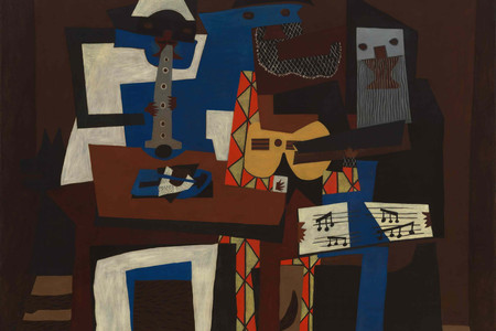 Pablo Picasso. Three Musicians. Fontainebleau, summer 1921. Oil on canvas, 6&#39; 7&#34; × 7&#39; 3 3/4&#34; (200.7 × 222.9 cm). Mrs. Simon Guggenheim Fund. © 2022 Estate of Pablo Picasso/Artists Rights Society (ARS), New York