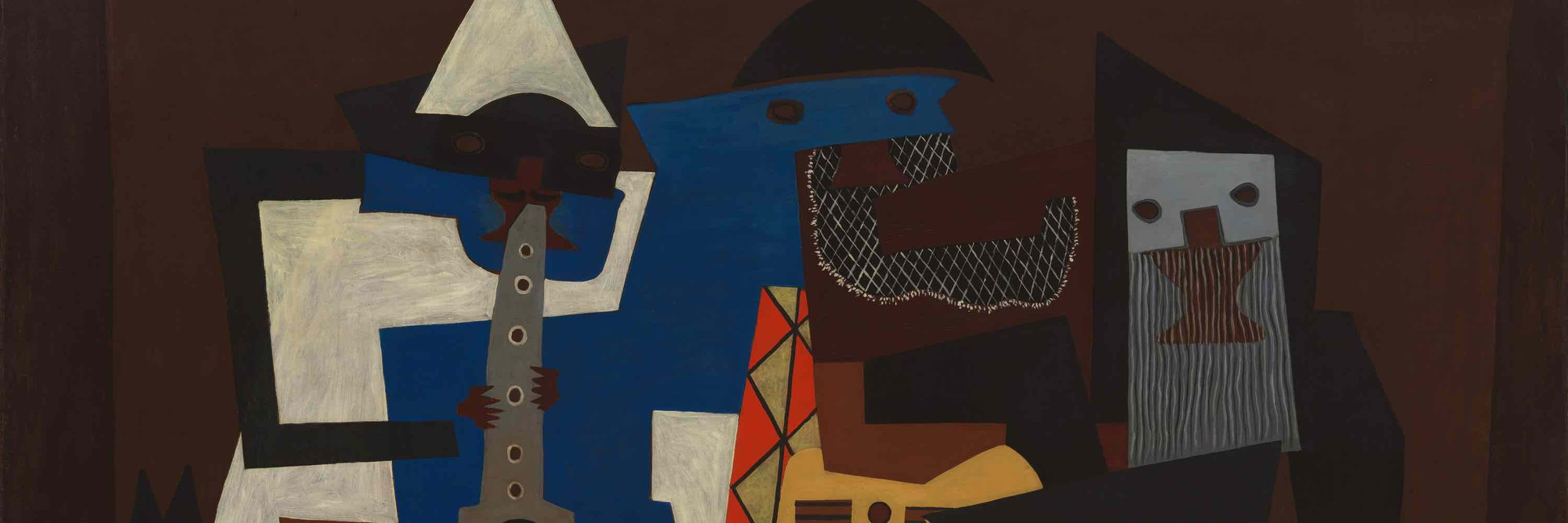 Pablo Picasso. Three Musicians. Fontainebleau, summer 1921. Oil on canvas, 6&#39; 7&#34; × 7&#39; 3 3/4&#34; (200.7 × 222.9 cm). Mrs. Simon Guggenheim Fund. © 2022 Estate of Pablo Picasso/Artists Rights Society (ARS), New York