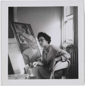 Charles White. Elizabeth Catlett in her studio. c. 1942. Black-and-white photograph, 3 5/8 × 3 9/16&#34; (9.2 × 9 cm). Private collection. © The Charles White Archives