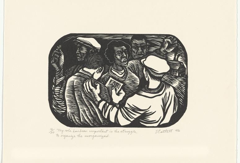 Elizabeth Catlett. My Role Has Been Important in the Struggle to Organize the Unorganized from the series The Black Woman. 1946, printed 1989. Linoleum cut from a series of 14 linoleum cuts, image: 6 × 9" (15.2 × 22.9 cm); sheet: 11 × 15" (27.9 × 38.1 cm). Acquired through the generosity of Erin and Peter Hess Friedland, and Modern Women’s Fund. © 2023 Elizabeth Catlett/Artists Rights Society (ARS), New York