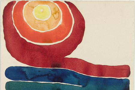Georgia O’Keeffe. Evening Star No. III. 1917. Watercolor on paper mounted on board, 8 7/8 × 11 7/8&#34; (22.7 × 30.4 cm). Mr. and Mrs. Donald B. Straus Fund. © 2023 Georgia O’Keeffe Museum/Artists Rights Society (ARS), New York