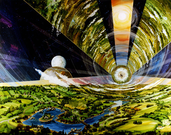 O’Neill Cylinder. 1974. Painting by Rick Guidice, NASA Ames Research Center