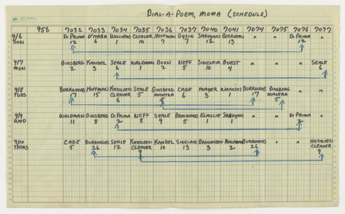 John Giorno. Dial-A-Poem schedule, MoMA. 1970