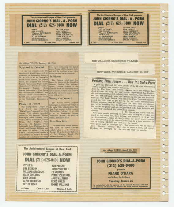 A page from artist’s Dial-A-Poem press scrapbook