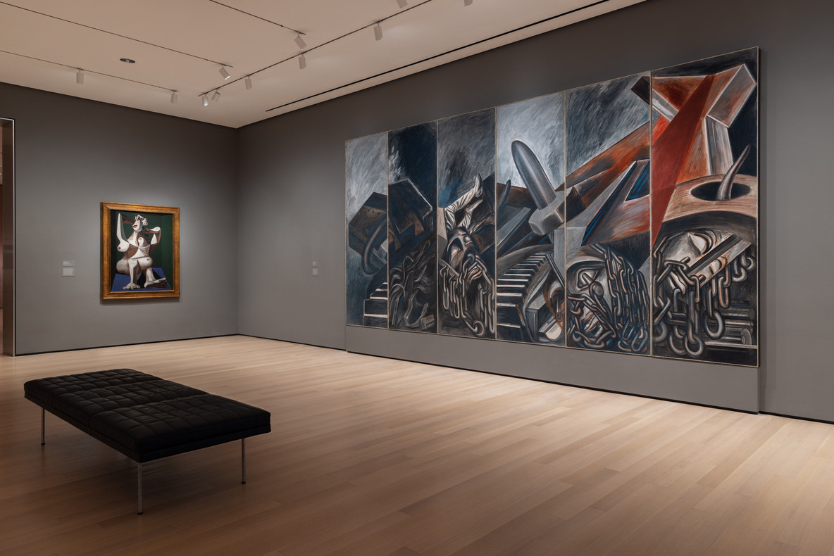 José Clemente Orozco’s Dive Bomber and Tank (1940) with its six panels rearranged, on view in the Responding to War gallery, 2023