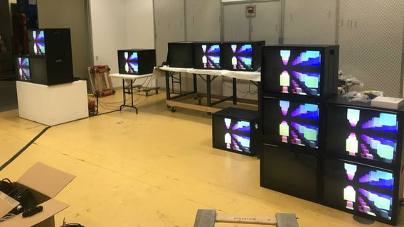 To test playback of the piece, with particular attention to the timing of the edits in the work, various mock-ups were conducted in advance of installation in the galleries, particularly in the timing of the edits.