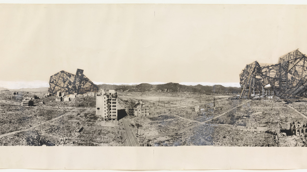 Arata Isozaki. Re-ruined Hiroshima, project, Hiroshima, Japan. 1968. Ink and gouache with cut-and-pasted gelatin silver print on gelatin silver print, 13 7/8 x 36 7/8&#34; (35.2 x 93.7 cm). Gift of The Howard Gilman Foundation. Gift of The Howard Gilman Foundation