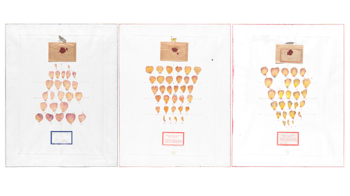 Roberto Obregón. Water as a Cycle (El Agua como un ciclo). 1978. Cut-and-pasted paper and printed paper, watercolor, stamped ink, pencil, paint, typewriting, and glassine envelopes with wax on three sheets of paper with embossing, Each: 30 1/2 × 24 1/2&#34; (77.5 × 62.2 cm). Gift of Patricia Phelps de Cisneros through the Latin American and Caribbean Fund in honor of Sharon Schultz