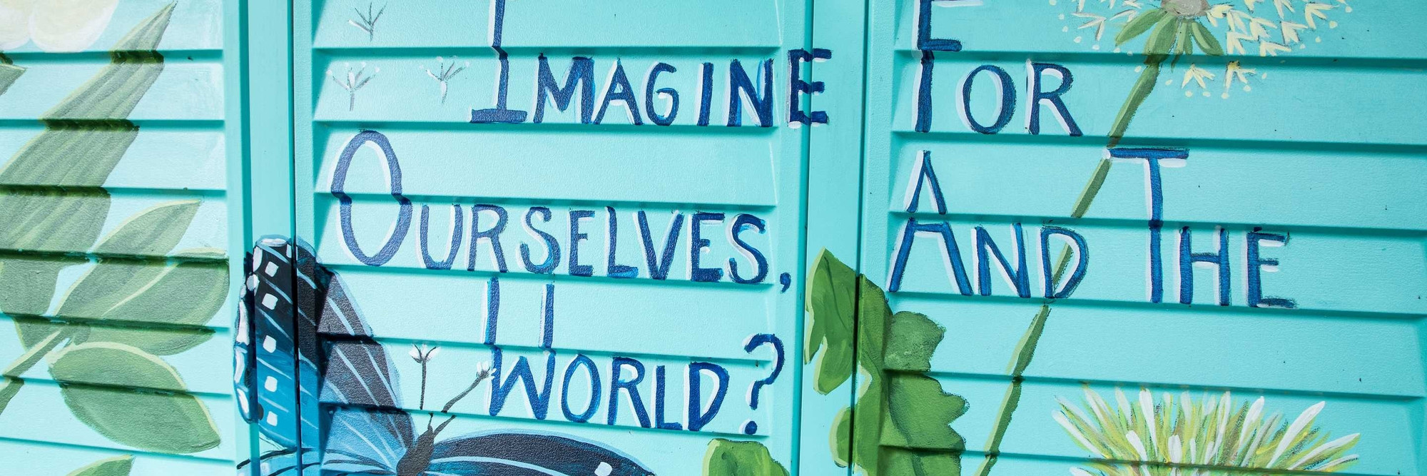 Detail of garden shed at Queensbridge Houses, painted by the Lower Eastside Girls Club interns with artist Nani Chacon in the summer of 2021. Photo by Eliot Engelmaier