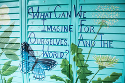 Detail of garden shed at Queensbridge Houses, painted by the Lower Eastside Girls Club interns with artist Nani Chacon in the summer of 2021. Photo by Eliot Engelmaier