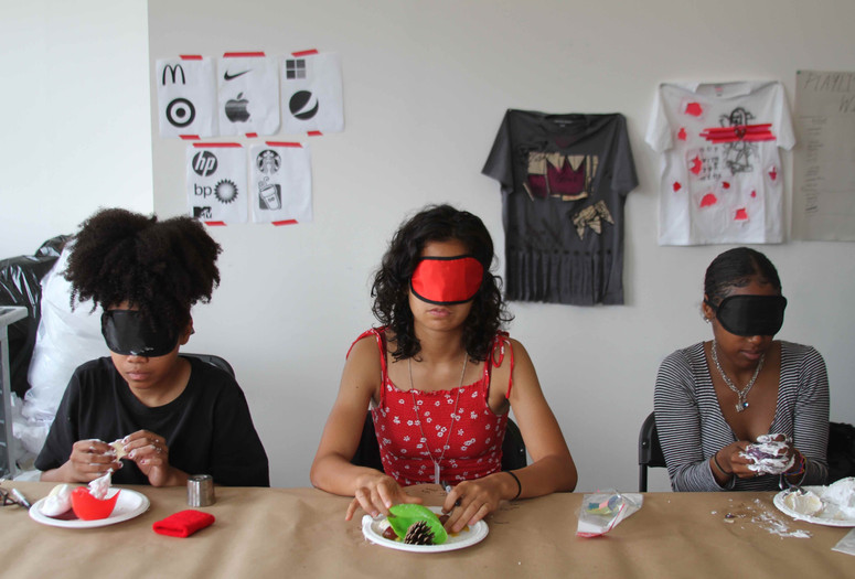 In the Making teens work on an art project blindfolded. Photo: Kaitlyn Stubbs