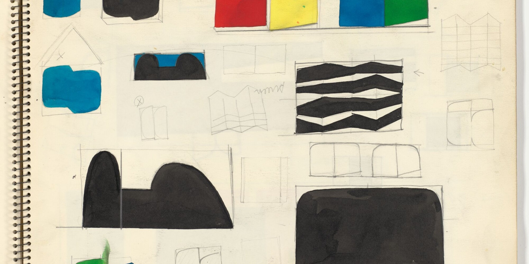 Ellsworth Kelly. Sketchbook #26, New York City. 1954–56. Page from a spiral-bound sketchbook with pencil, ink, colored ink, and ballpoint pen on paper, 14 1/8 × 10 7/8 × 1/2&#34; (35.9 × 27.6 × 1.3 cm). The Museum of Modern Art, New York. Gift of Jack Shear. © Ellsworth Kelly Foundation