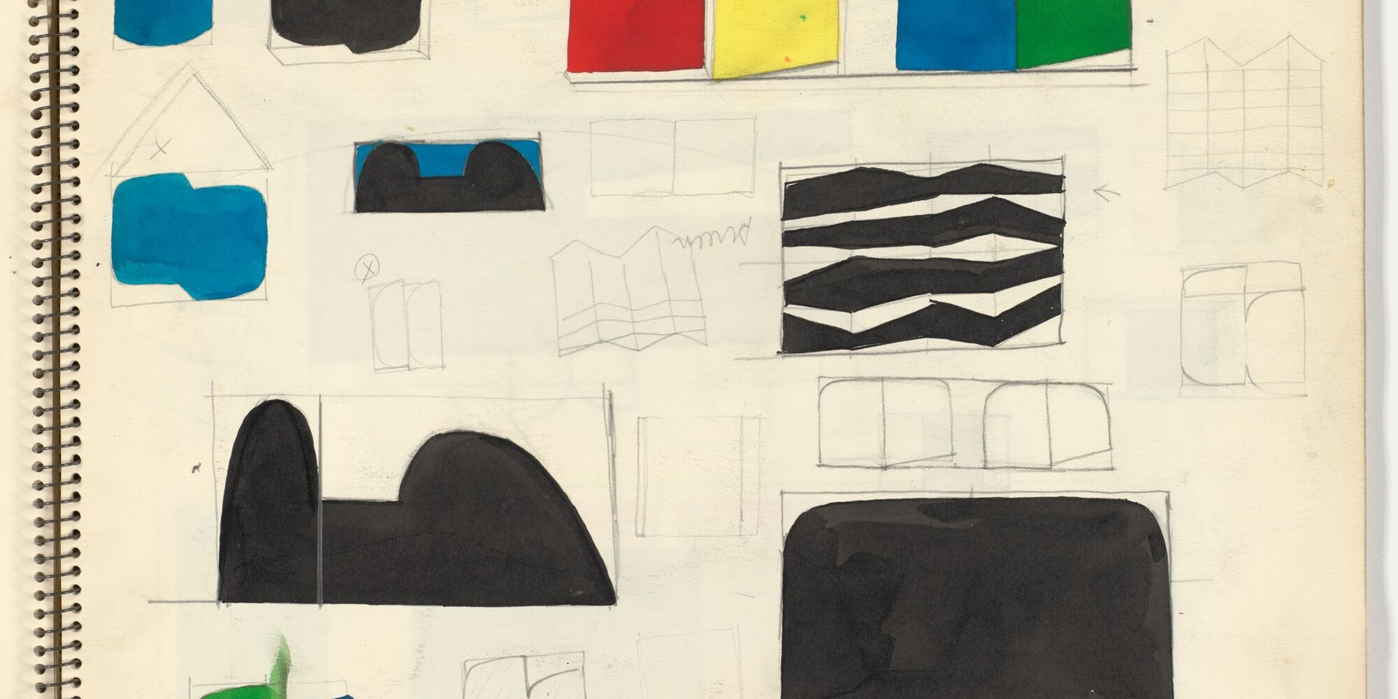 Ellsworth Kelly. Sketchbook #26, New York City. 1954–56. Page from a spiral-bound sketchbook with pencil, ink, colored ink, and ballpoint pen on paper, 14 1/8 × 10 7/8 × 1/2" (35.9 × 27.6 × 1.3 cm). The Museum of Modern Art, New York. Gift of Jack Shear. © Ellsworth Kelly Foundation