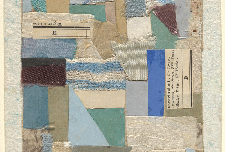 Anne Ryan. Number 79. 1951. Cut-and-pasted colored and printed paper and cloth on colored paper. The Museum of Modern Art, New York. Gift of Elizabeth McFadden. © Estate of Anne Ryan, courtesy Washburn Gallery, New York Image description: A rectangle filled with layers of gauzy and woven fabric in solid colors and stripes. Shades of light green, blue, cream, and tan. Textured paper and newspaper torn and cut into rectangles and triangles. Mounted on off-white textured paper