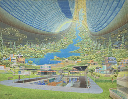 Don Davis. Stanford torus interior view. 1975. Acrylic on board, 17 × 22&#34; (43.1 × 55.9 cm). Commissioned by NASA for Richard D. Johnson and Charles Holbrow, eds., Space Settlements: A Design Study (Washington, DC: NASA Scientific and Technical Information Office, 1977). Illustration never used. Collection Don Davis
