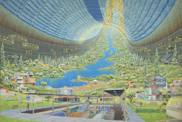 Don Davis. Stanford torus interior view. 1975. Acrylic on board, 17 × 22&#34; (43.1 × 55.9 cm). Commissioned by NASA for Richard D. Johnson and Charles Holbrow, eds., Space Settlements: A Design Study (Washington, DC: NASA Scientific and Technical Information Office, 1977). Illustration never used. Collection Don Davis