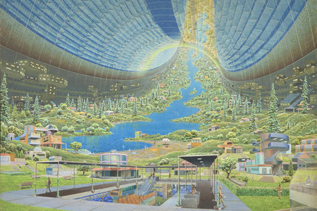 Don Davis. Stanford torus interior view. 1975. Acrylic on board, 17 × 22&#34; (43.1 × 55.9 cm). Commissioned by NASA for Richard D. Johnson and Charles Holbrow, eds., Space Settlements: A Design Study (Washington, DC: NASA Scientific and Technical Information Office, 1977). Illustration never used. Collection Don Davis