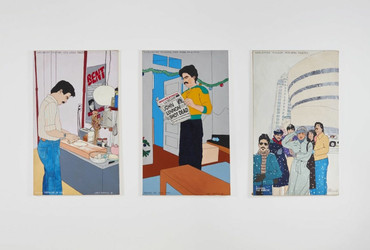 Joey Terrill. Chicanos Invade New York Series, Three panels: Making Tortillas in Soho; Reading the Local Paper; and Searching for Burritos. 1981. Acrylic and metallic paint on canvas, three panels; each panel: 60 × 36&#34; (152.4 × 91.4 cm). The Museum of Modern Art, New York. Anonymous gift and gift of the Latin American and Caribbean Fund. © Joey Terrill. Used by permission