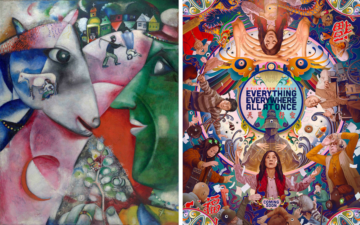From left: Marc Chagall’s I and the Village (1911) and the Daniels’ Everything Everywhere All at Once (2022)