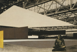 Ludwig Mies van der Rohe. Concert Hall project (Interior perspective). 1942. Graphite, cut-and-pasted photoreproduction, cut-and-pasted papers, cut-and-pasted painted paper, and gouache on gelatin silver photograph mounted on board, 29 1/2 x 62&#34; (75 x 157.5 cm). Mies van der Rohe Archive, gift of Mrs. Mary Callery. © 2023 Artists Rights Society (ARS), New York / VG Bild-Kunst, Bonn.