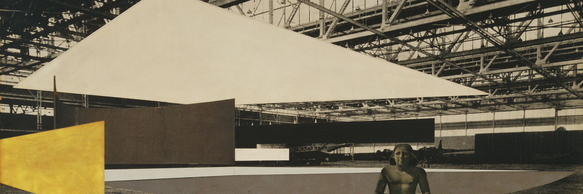 Ludwig Mies van der Rohe. Concert Hall project (Interior perspective). 1942. Graphite, cut-and-pasted photoreproduction, cut-and-pasted papers, cut-and-pasted painted paper, and gouache on gelatin silver photograph mounted on board, 29 1/2 x 62&#34; (75 x 157.5 cm). Mies van der Rohe Archive, gift of Mrs. Mary Callery. © 2023 Artists Rights Society (ARS), New York / VG Bild-Kunst, Bonn.