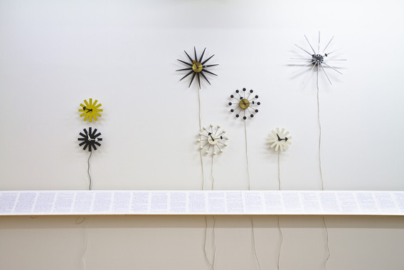 Installation view of Ever Ephemeral, Remembering and Forgetting in the Archive, Signal and Inter Arts Center, Malmö, September 23–November 13, 2011. Curated by Julie Ault. Shown, from top: Twelve vintage clocks designed by George Nelson and collected by Felix Gonzalez-Torres; Danh Vo. Death Sentence. 2009