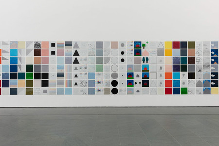 Jennifer Bartlett. Rhapsody (detail). 1975–76. Enamel on steel, 987 plates, each plate 12 × 12" (30.4 × 30.4 cm); overall approximately 7' 6" × 153' (228.6 × 4663.4 cm). The Museum of Modern Art, New York. Gift of Edward R. Broida. © 2023 Jennifer Bartlett. Photograph: John Wronn