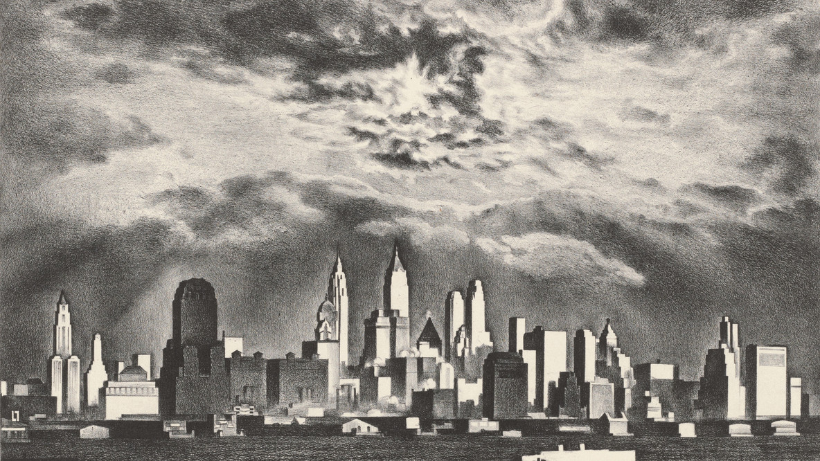 Louis Lozowick. Storm Clouds Above Manhattan. 1935. Lithograph, composition: 11 3/4 × 16 3/4&#34; (29.8 × 42.5 cm); sheet: 15 7/8 × 22 1/2&#34; (40.3 × 57.2 cm). Printer: George C. Miller. Edition: 25. The Museum of Modern Art, New York. Gift of Abby Aldrich Rockefeller. © Estate of Louis Lozowick. Courtesy Mary Ryan Gallery, New York