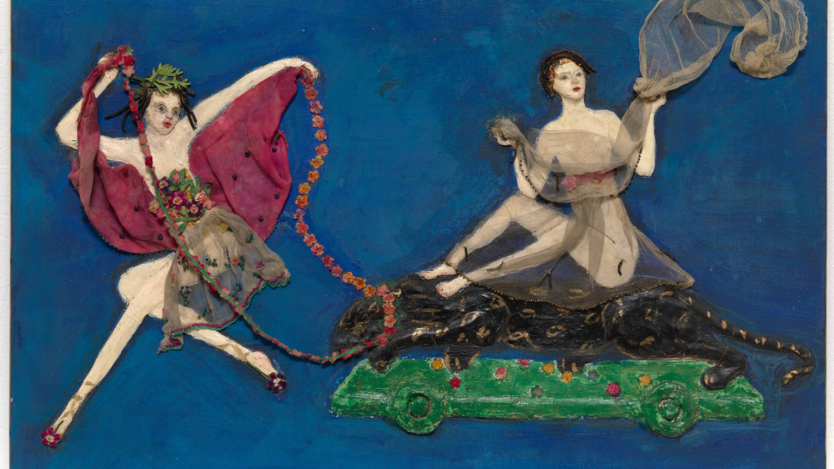 Florine Stettheimer. Costume design (Ariadne on a Panther) for artist&#39;s ballet Orphée of the Quat-z-arts. c. 1912. Oil, putty, fabric, and beads on canvas, 17 1/8 x 25&#34; (43.5 x 63.5 cm). Gift of Miss Ettie Stettheimer. © Estate of Florine Stettheimer.