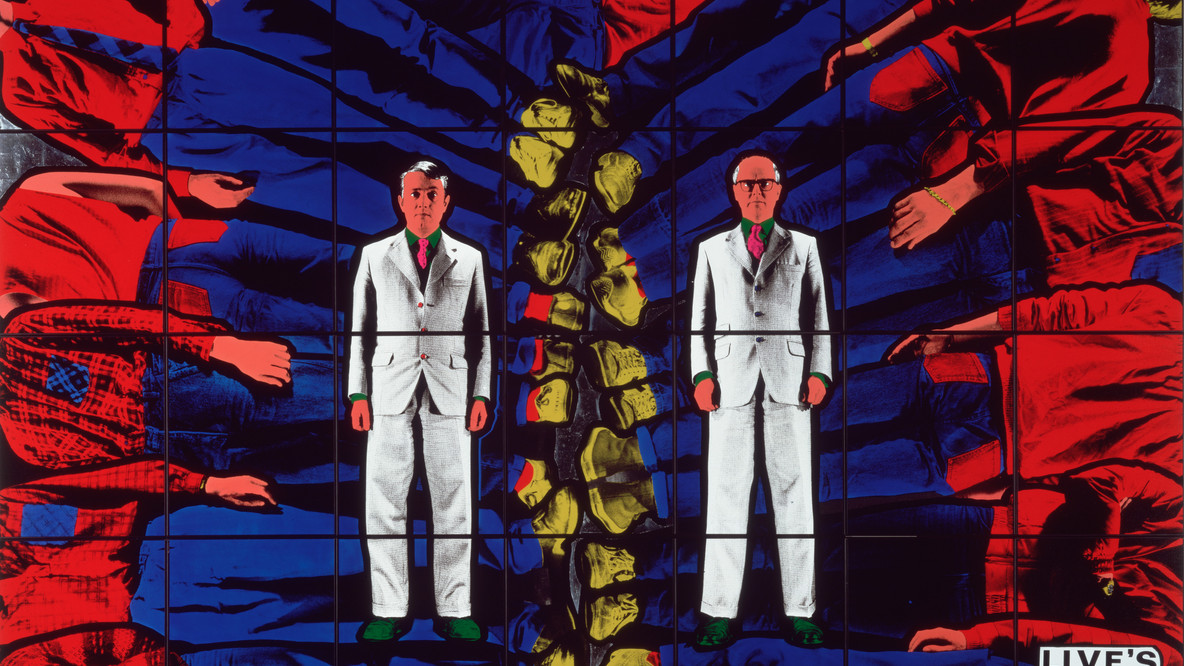 Gilbert &amp; George, Gilbert Proesch, George Passmore. Live&#39;s. 1984. Black and white photographs, hand-colored with ink and dyes, and aluminum foil, mounted and framed, Overall 7&#39; 11 1/2&#34; x 11&#39; 7&#34; (242.7 x 353 cm), each panel frame 23 7/8 x 19 7/8&#34; (60.5 x 50.5 cm). Given anonymously. © 2023 Gilbert &amp; George.