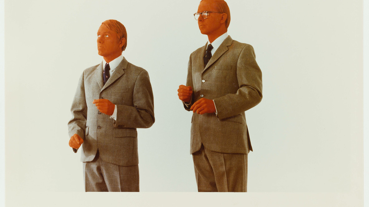 Gilbert &amp; George. Ready. 1975. Chromogenic print with text, 9 1/8 × 13 7/8&#34; (23.2 × 35.2 cm). Art &amp; Project/Depot VBVR Gift. © 2023 Gilbert &amp; George.